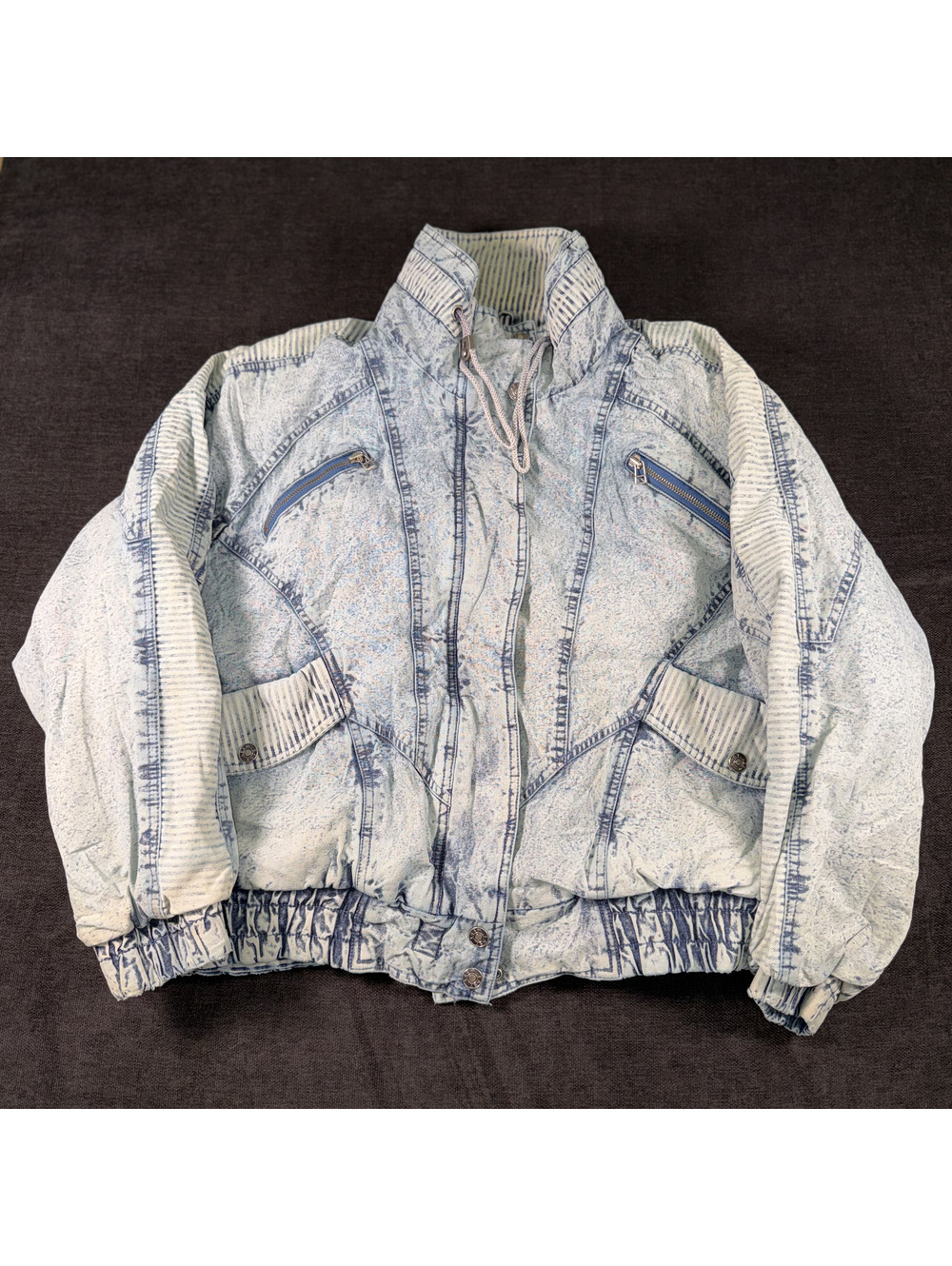 East West Vintage Acid Wash Denim Bomber Jacket, Large